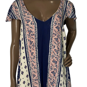 NEW MAEVE Women’s Summertide Swing Midi Dress – Navy Blue/Pink Size S V-Neck